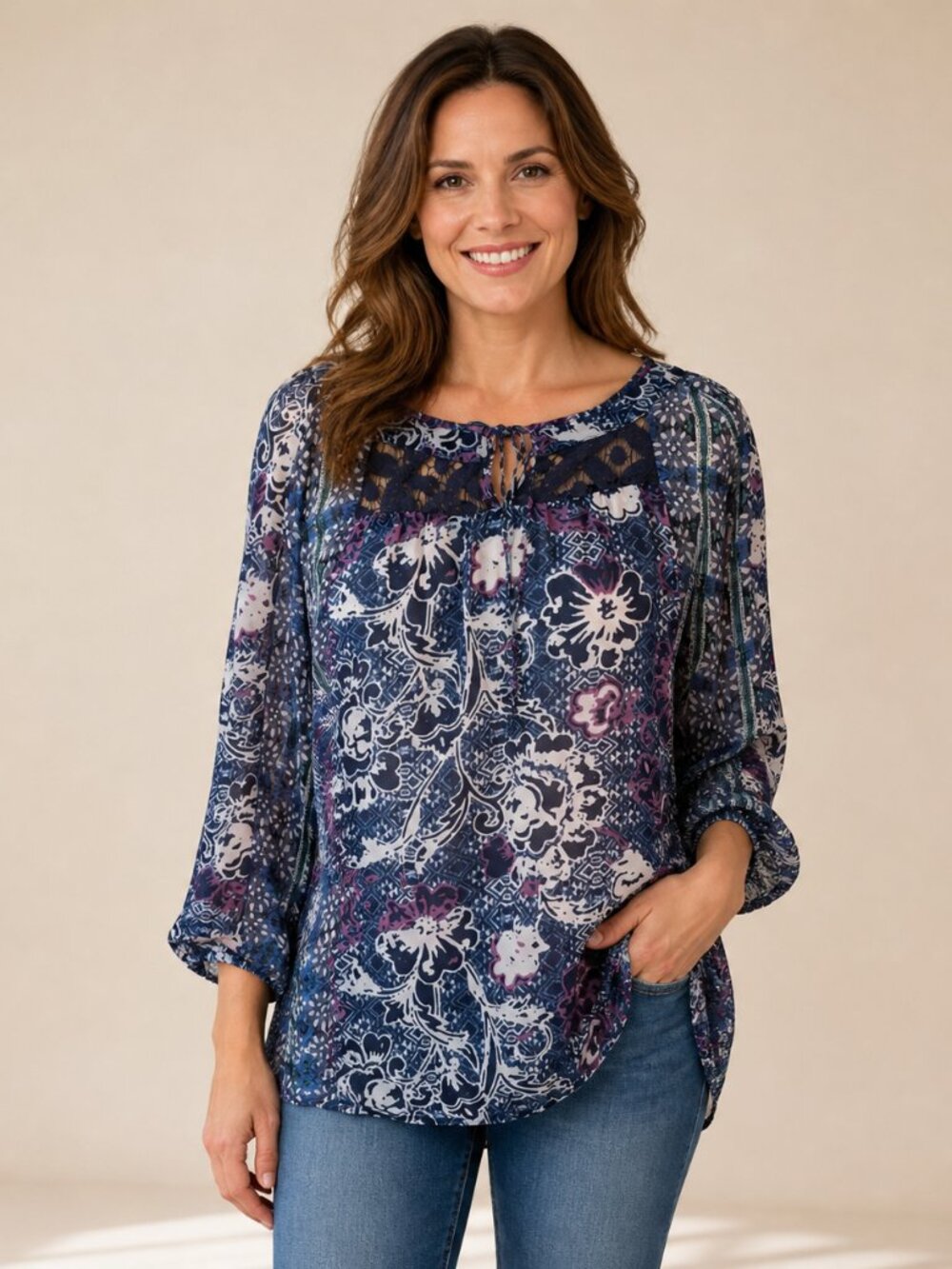 Fig and Flower Women's Navy Paisley Crochet Yoke Boho Blouse Size M
